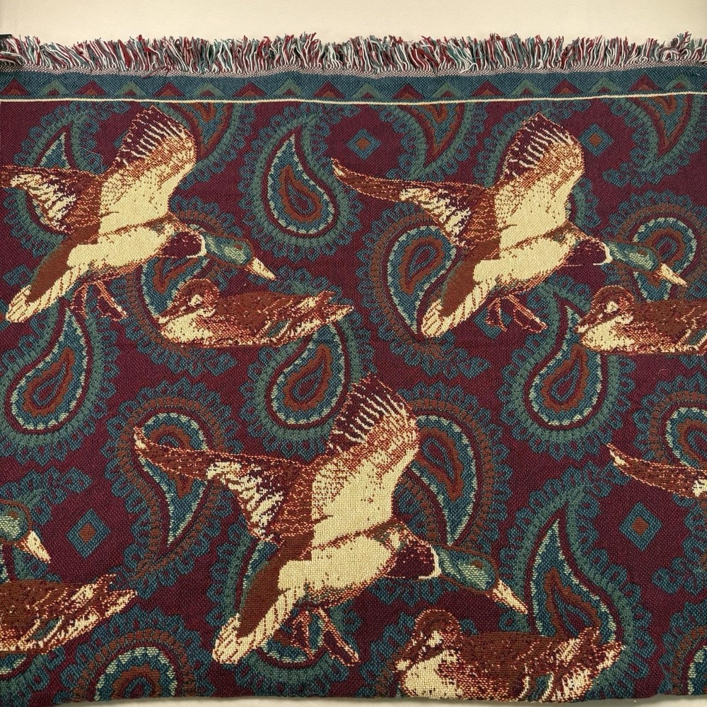 Vtg Woven Tapestry Throw Blanket Mallard Duck Paisley Fringe Burgundy Teal 47x70 - Picture 3 of 12